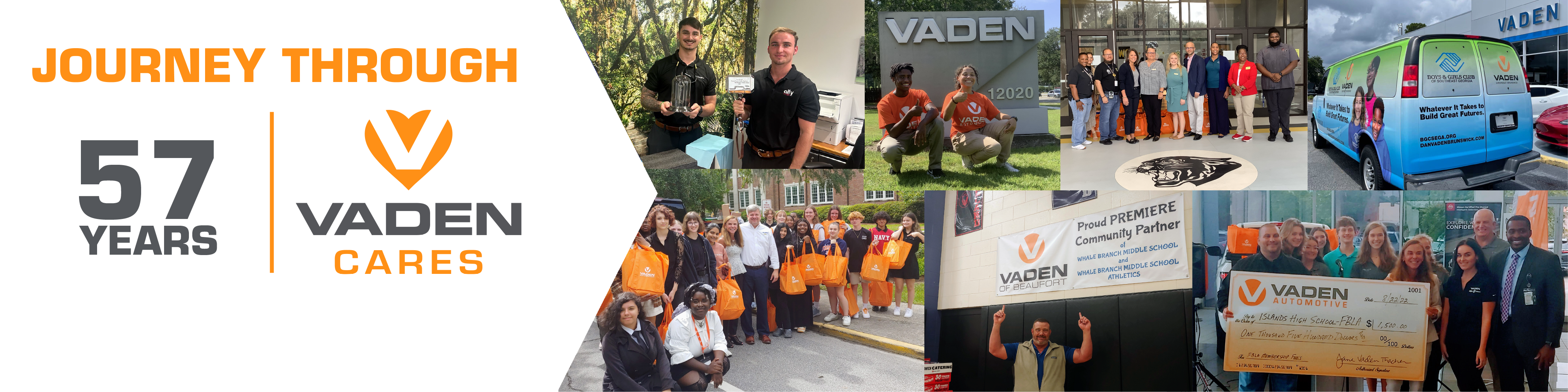 A collage of Vaden employees participating in community events with text that says 'Serving our community 56 Years. The Vaden Way.'